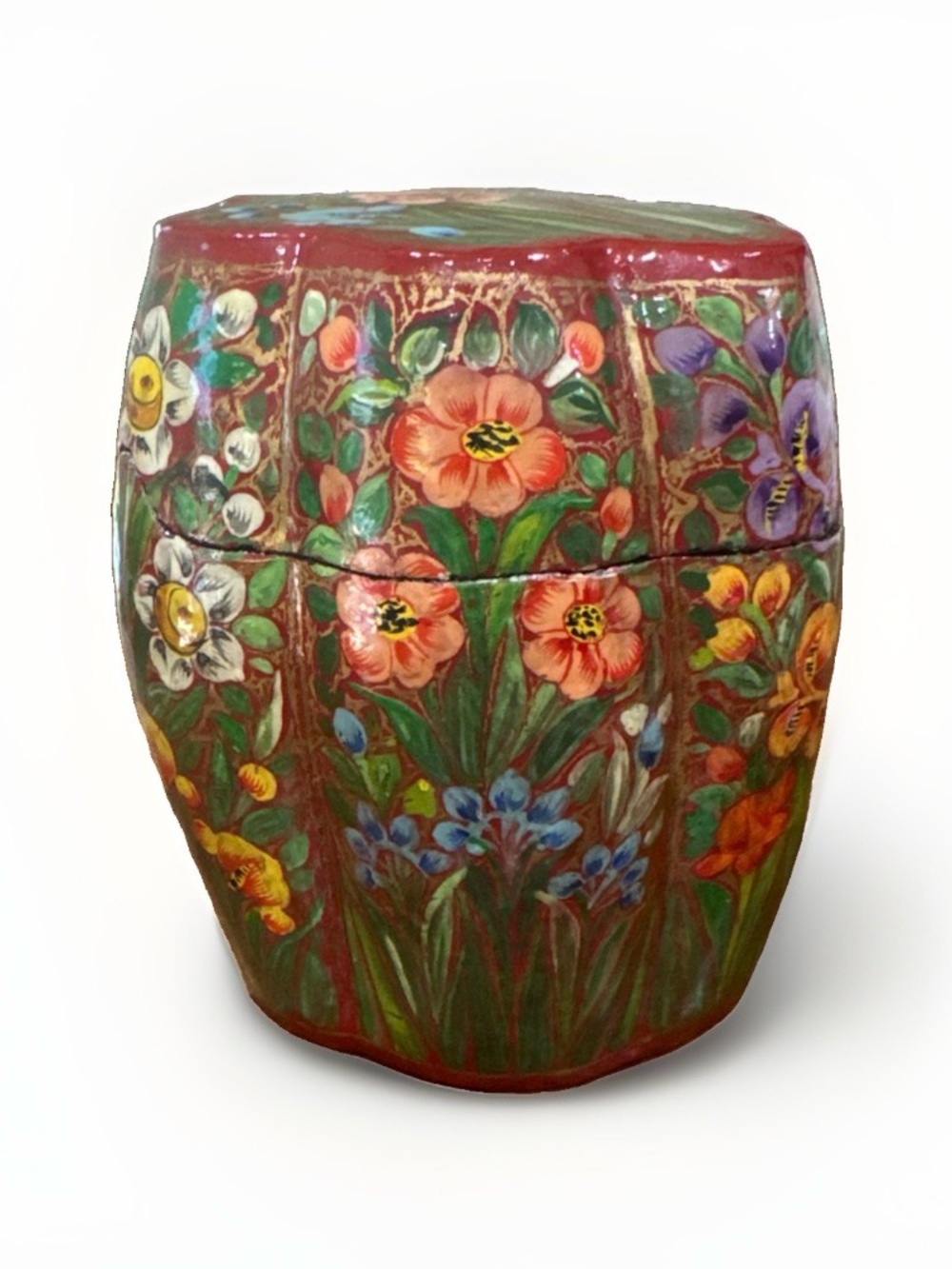 Vintage Kashmiri Hand Painted Papier Mache Lidded Trinket Box Floral India 5”